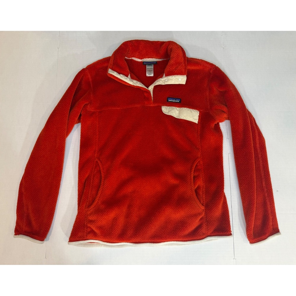 Patagonia Women's L Orange Fleece Snap-T Pullover Cream Trim Retro Outdoor